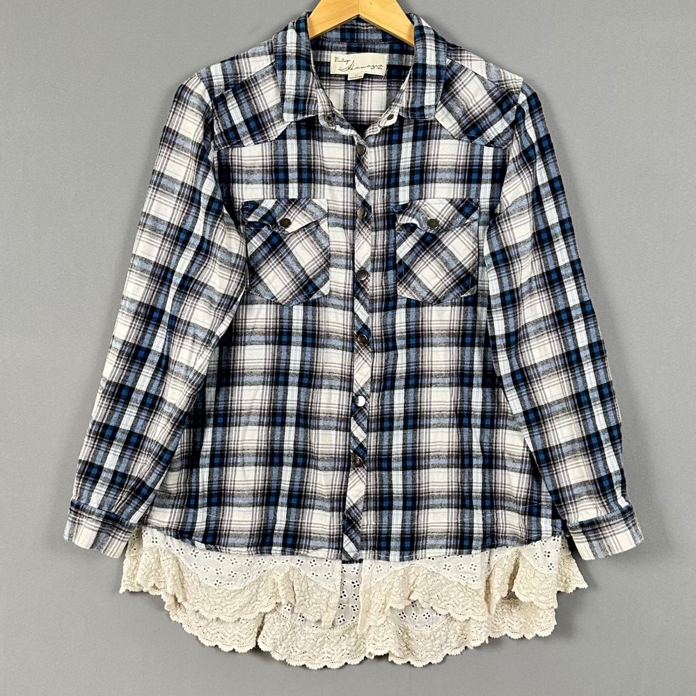 Vintage Havana Blue Plaid Eyelet Lace Trim Button Down Shirt Womens Medium